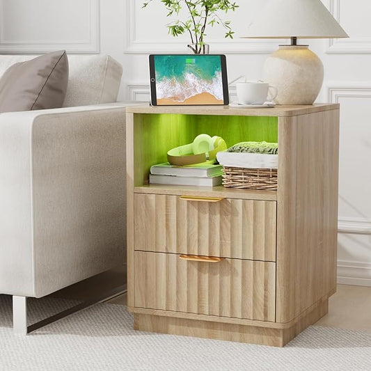 VOWNER Fluted Nightstand with Charging Station, 18” RGB Night Stand with 2 Drawers, End Table with Storage Shelf, Curved Profile Design Side Table, Bedside Table for Bedroom, Oak