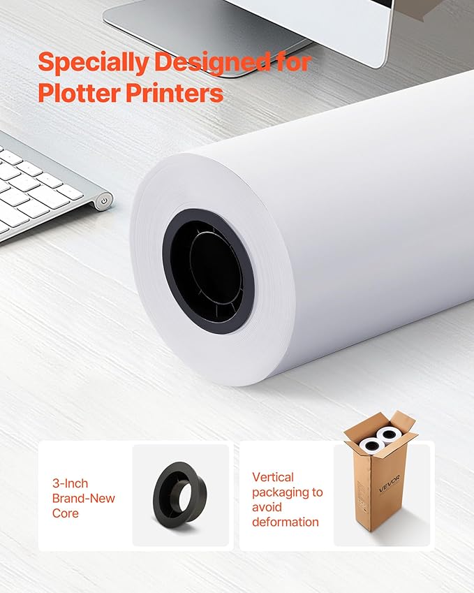 VEVOR Wide Format Paper, 30 in x 500 ft Plotter Roll, 2 Rolls CAD Bond Rolls with 3 in Core, 20 LB Bond Paper Rolls, Ideal for CAD Drawings, Engineering Plans, GIS Maps, and Architectural Designs