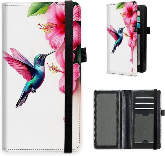 Checkbook Cover for Women and Men, PU Leather RFID Blocking Checkbook Holder Wallet Case with Elastic Strap & Multiple Card Slots, for Checks and Cards, Hummingbird Hibiscus