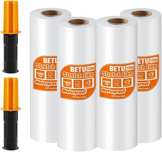 Clear Stretch Film Shrink Wrap for Moving Supplies (15inch, 4 Pack) x 1000ft, Industrial Strength Plastic Wrap Stretch Roll for Pallet Wrapping Shipping Moving Boxes Storage Furniture with Handles