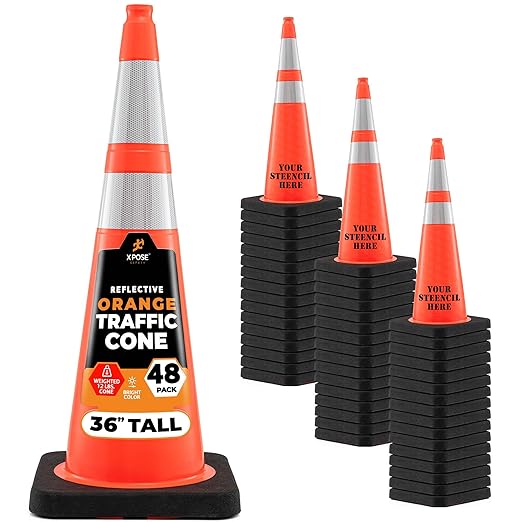 Xpose Safety 36 Inch Orange Traffic Cones Heavy Duty 12lb with 6" & 4" Collars, 48 Pack - Multipurpose PVC Plastic Safety Cone for Parking, Soccer, Caution, Kids and Construction - DOT Approved