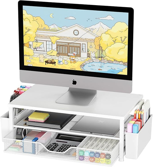 OPNICE Desk Organizers and Accessories, 2-Tier Computer Monitor Stand Riser with Drawer and 2 Pen Holders, Laptop Stand, Office Desk Accessories for Office Supplies, White Wood