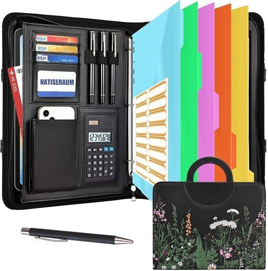 Portfolio Binder 3 Ring Includes Pen and 5 Dividers with 10 Pockets, Padfolio Organizer with Zipper for Men and Women, Includes A4 Notepad for Business, School, Work
