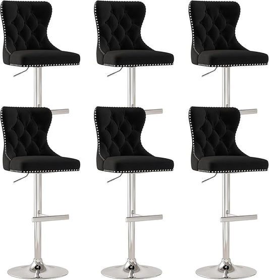Bar Stools Set of 6, Velvet Swivel Counter Height Stools with Tufted Back, Adjustable Seat with Nailheads Trim, Upholstered Bar Chairs with Steel Base for Kitchen Island, Pub, Black