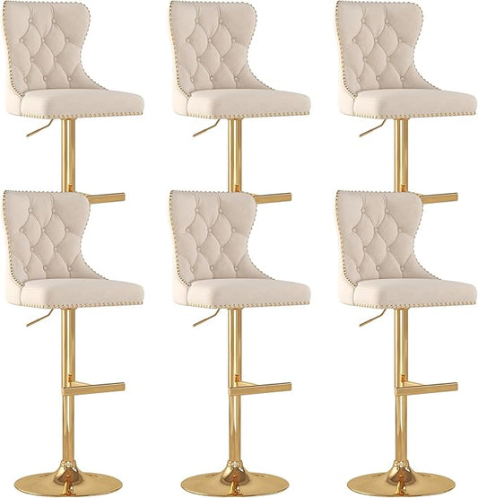 Bar Stools Set of 6, Velvet Swivel Counter Height Stools with Tufted Back, Adjustable Seat with Nailheads Trim, Upholstered Bar Chairs with Gold Base for Kitchen Island, Pub, Beige