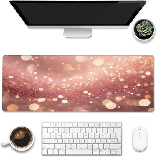 XL Mouse Pad,Rose Pink Glitter Large Gaming Mouse Pad,Gold Sparkles Desk Mat for Desktop,Extended Big Computer Keyboard Desk Pad with Non-Slip Base and Stitched Edge 31.5"x11.8"