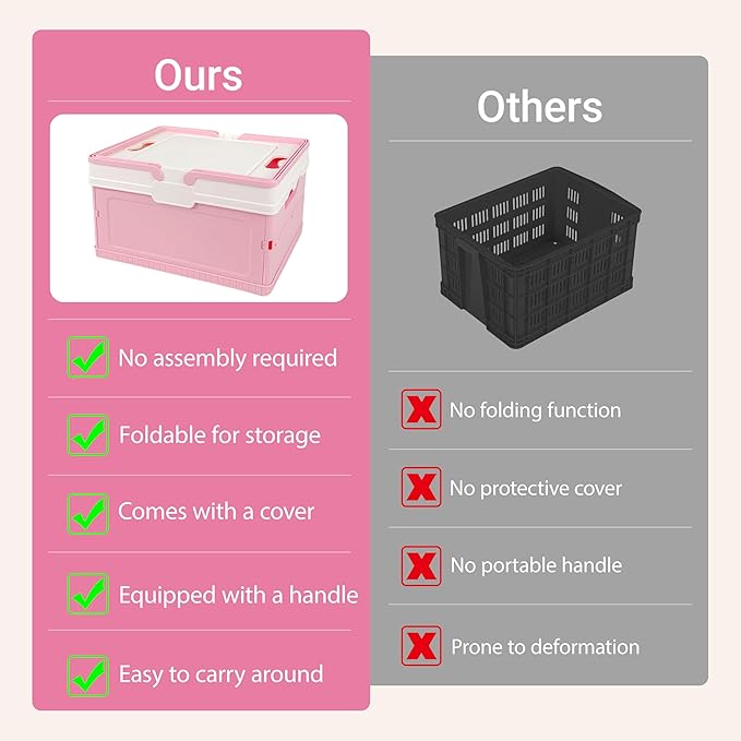 Tixill Small Collapsible Storage Crates, Foldable Plastic Baskets with Lids and Handles for Organizing, Mini Stackable Bins for Home Kitchen Bedroom Bathroom Office﻿ (Pink)