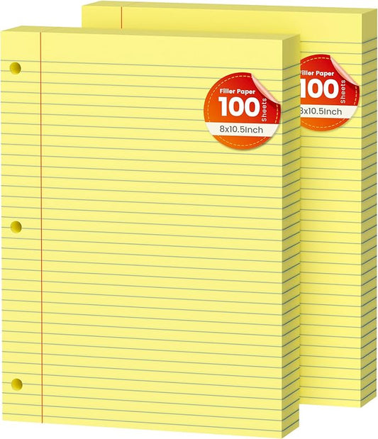 Yellow Loose Leaf Paper 200 Sheets Colored Filler Paper 2 Pack 8 * 10.5 College Ruled Paper 3-Hole Punched Paper for 3-Ring Binders Notebook Lined 8" x 10.5"