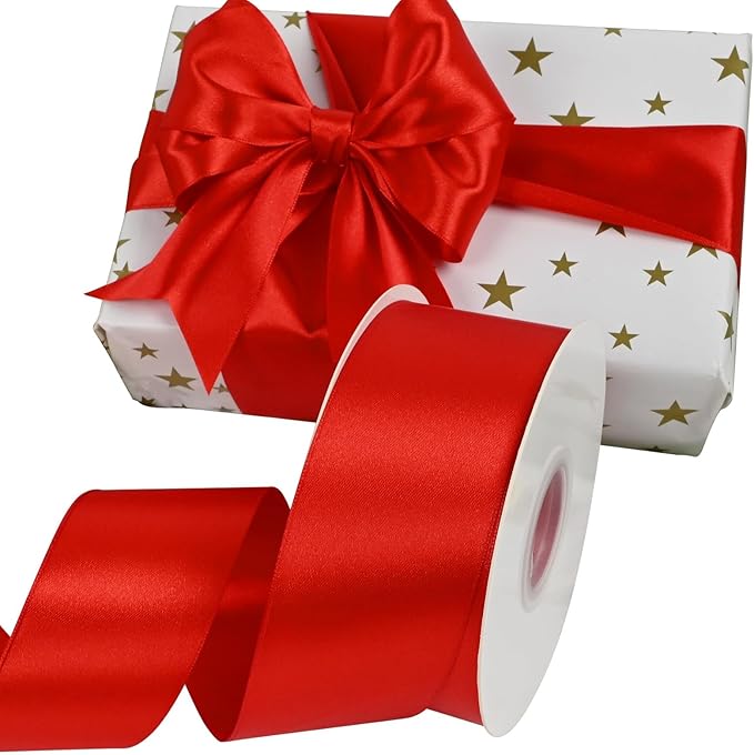 Double Face Red Satin Ribbon 2 Inch X 50 Yards Polyester Red Ribbons for Gift Wrapping Fabric Ribbon for Crafts Flower Bouquet Sewing Arts Wedding Party Decoration