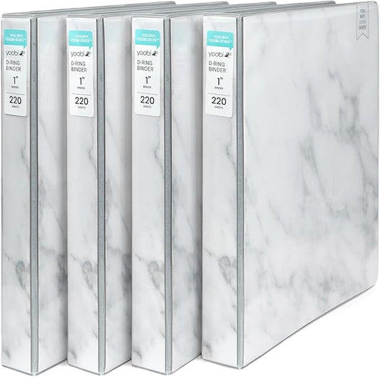 Yoobi 3 Ring Binders- Marble Design, Gray Color- 1 Inch Binder with Round D Rings and 2 Pockets, Durable, PVC-Free Organizer with 220 Sheets Capacity, 4- Pack with Plastic Cover for Office Supplies