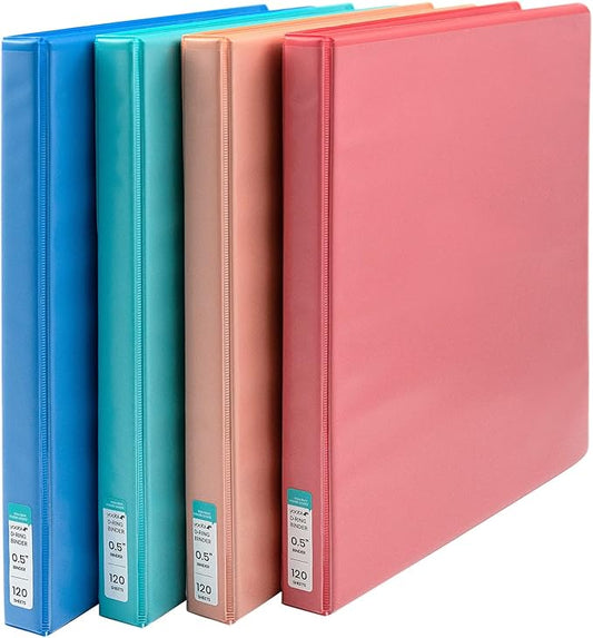 Yoobi 3 Ring Binders – 0.5 Inch Binder with Round D Rings and 2 Pockets, Durable, PVC-Free Organizer with 120 Sheets Capacity, 4- Pack Colored Binders with Plastic Cover for Office Supplies