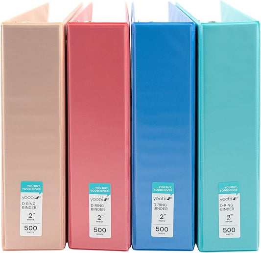 Yoobi 3 Ring Binders - 2 Inch Binder with Round D Rings and 2 Pockets, Durable, PVC-Free Organizer with 500 Sheets Capacity, 4- Pack Colored Binders with Plastic Cover for Office Supplies