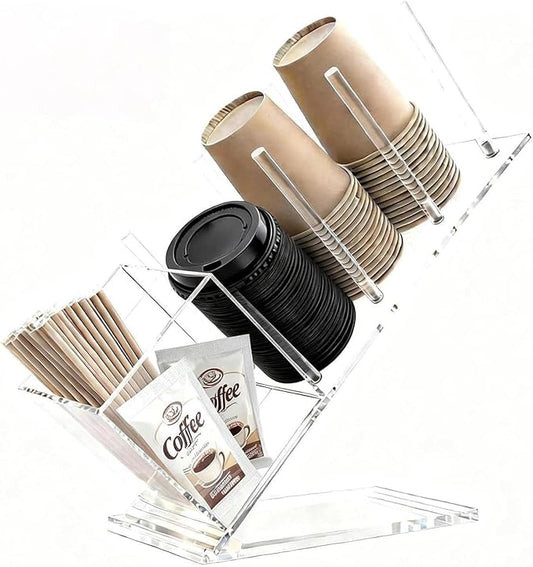 Acrylic Cup and Lid Holder, Adjustable Holder Organizer Disposable Cup Dispenser Stand with Coffee Pod, Creamer Straw Organizer Countertop for Coffee Bar Station Bakery Breakroom