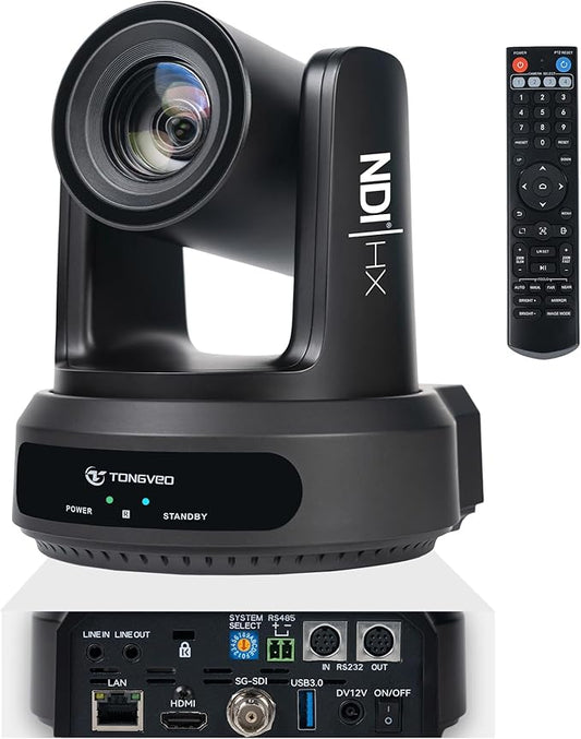 TONGVEO NDI AI Auto-Tracking IP PTZ Camera SDI/HDMI/USB3.0/LAN PoE 30X Optical + 16X Digital Zoom 1080P 60fps for Live Streaming Church Services Education Video Conference with OBS vMix and More