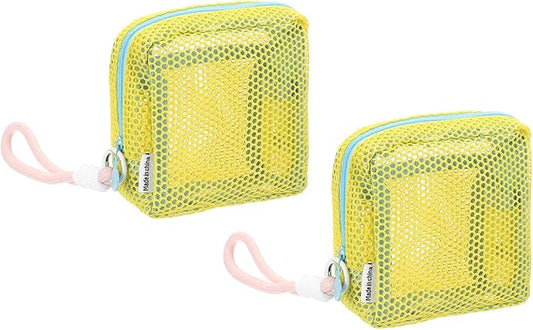 uxcell 2Pcs Mesh Makeup Bag, 4.7" Portable Mesh Cosmetic Bag with Straps, Cute Mini Travel Toiletry Pouch with Zipper for Travel, Daily Accessories Organizer, Purse, Yellow