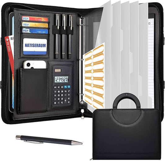 Portfolio Binder 3 Ring Includes Pen and 5 Dividers with 10 Pockets, Padfolio Organizer with Zipper for Men and Women, Includes A4 Notepad for Business, School, Work