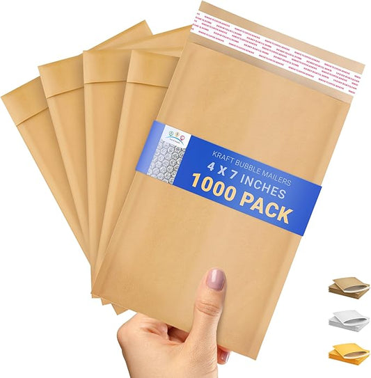 ABC PACK & SUPPLY Brown Kraft Bubble Mailer Envelopes, 4 x 7 Inches. 1000 Pack Mail Padded Envelopes Self Seal. Kraft Bubble Mailers. Tear-Resistant Mailing Envelope Padded. Sturdy Paper Mailer