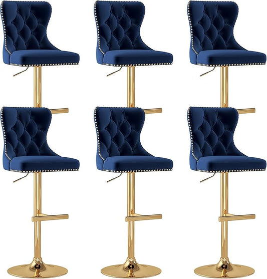 Bar Stools Set of 6, Velvet Swivel Counter Height Stools with Tufted Back, Adjustable Seat with Nailheads Trim, Upholstered Bar Chairs with Gold Base for Kitchen Island, Pub, Blue