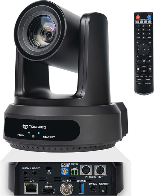 TONGVEO AI Auto-Tracking IP PTZ Camera SDI/HDMI/USB3.0/LAN PoE 30X Optical + 16X Digital Zoom 1080P 60fps for Live Streaming Church Services Education Video Conference with OBS vMix and More