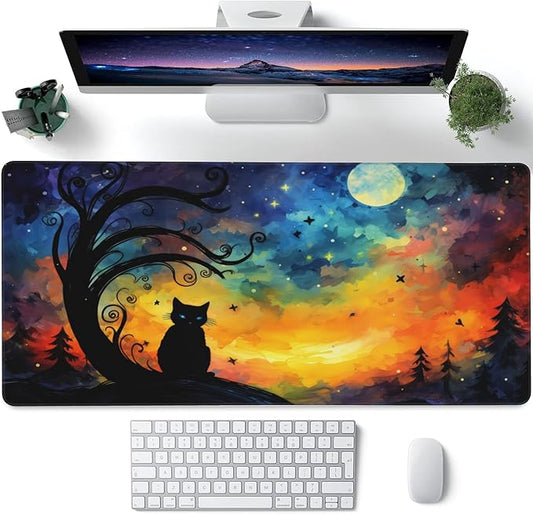 XXL Mouse Pad,Black Cat Under The Moon Large Gaming Mouse Pad,Northern Lights Night Sky Desk Mat,Extended Big Computer Keyboard Desk Pad with Non-Slip Base and Stitched Edge 35.4"x15.7"