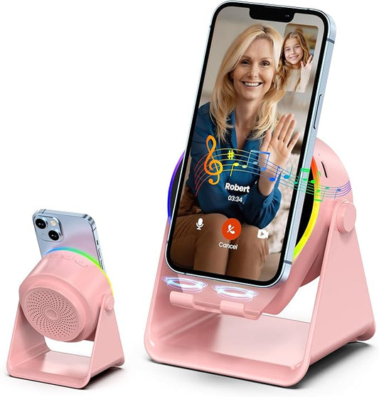 Wireless Induction Speaker, 5 in1 Phone Stand Bluetooth Speaker Amplifier with Colorful Ambient Light 360° Rotation Holder for Tablet iPhone Android,Portable Birthday Gifts for Adults Teens (Pink)