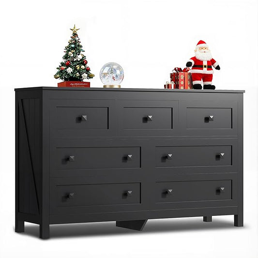 WLIVE Farmhouse Dresser for Bedroom, 51.18'' Wide 7 Drawer Wood Dresser, Black TV Stand for 65 inch TV, Wooden Chest of Drawers for Bedroom, Modern Clothes Organizer for Living Room, Hallway