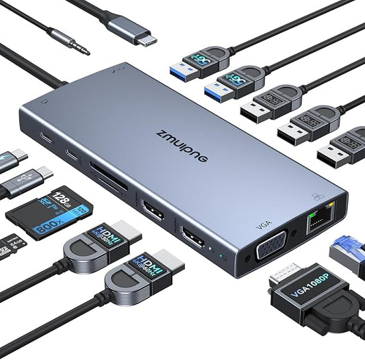 ZMUIPNG USB C Docking Station Dual Monitor 15 in 1 Laptop Docking Station Triple Display USB C Hub Multiple Adapter Dongle with 4K HDMI+VGA+USB Port+Button+PD+Ethernet for Dell HP Thinkpad Surface