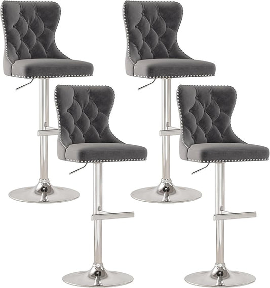 Bar Stools Set of 4, Velvet Swivel Counter Height Stools with Tufted Back, Adjustable Seat with Nailheads Trim, Upholstered Bar Chairs with Steel Base for Kitchen Island, Pub, Grey