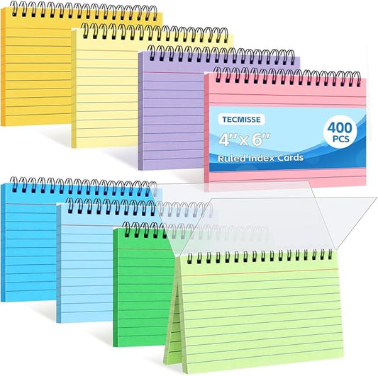 Tecmisse 400PCS Index Cards 4x6, Spiral Ruled Colorful Flash Cards with Waterproof Covers Note Cards 8 Colors for Memory Learning To Do List School Office