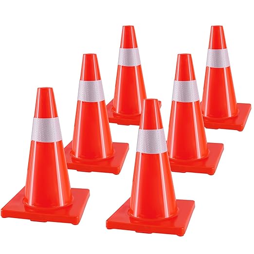 Traffic Safety Cones 18 Inch 6 Pack - Orange Road Parking Cones with Reflective Collars, Heavy Duty PVC Construction Cone Structurally Stable for Road Parking, Traffic Control, Driveway