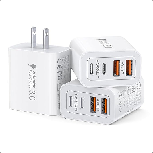 [3-Pack] USB C Wall Charger,40W Fast USB C Charger Block,4-Port PD+QC Wall Plug Power Adapter Multiport Type C Charging Block for iPhone 17/16/15/14/13/12/Pro Max,iPad,Samsung,AirPods4,Watch10,Ultra2