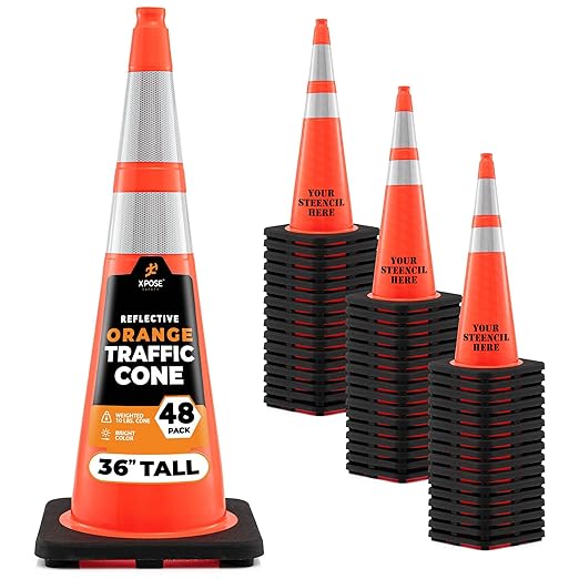 Xpose Safety 36 Inch Orange Traffic Cones with 6" & 4" Collars, 48-Pack - Multipurpose PVC Plastic Safety Cone for Parking, Soccer, Caution, Kids and Construction - DOT Approved