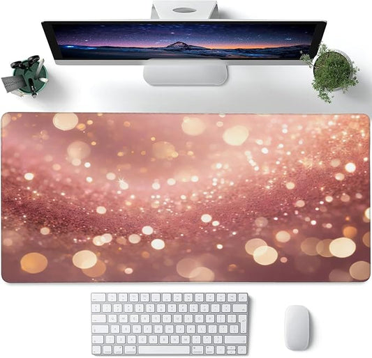 XXL Mouse Pad,Rose Pink Glitter Large Gaming Mouse Pad,Gold Sparkles Desk Mat for Desktop,Extended Big Computer Keyboard Desk Pad with Non-Slip Base and Stitched Edge 35.4"x15.7"