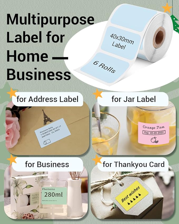 Phomemo Sticker Labels 1.57"x1.18"(40x30mm) 6 Rolls, for M110/M110S/M120/M200/M220 Printer - Pink/Blue/Khaki/Green/Yellow/Purple, for Small Business, Home, Office, 230 Labels/Roll