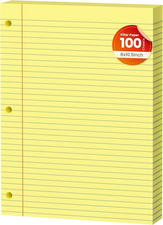 Yellow Loose Leaf Paper 100 Sheets Colored Filler Paper 8 * 10.5 College Ruled Paper 3-Hole Punched Paper for 3-Ring Binders Notebook Lined 8" x 10.5"