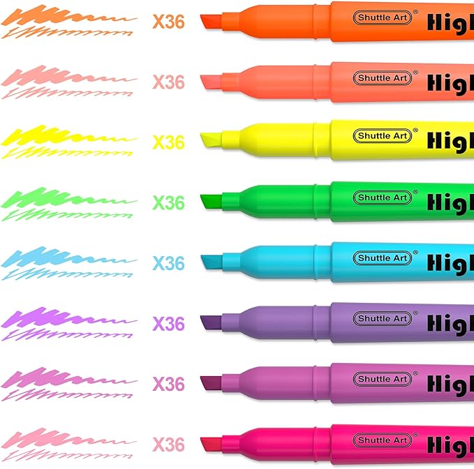 Shuttle Art 288 Pack Highlighters, Highlighters Assorted Colors Set, 8 Bright Colors Chisel Tip Dry-Quickly Non-Toxic Highlighter Markers Bulk for Adults Kids Highlighting in Home School Office