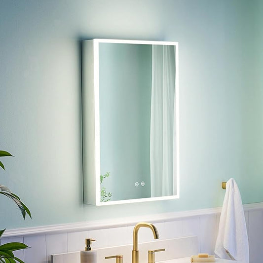 WELLFOR 20" X 30" Medicine Cabinet with Lights, 3X Magnification, Anti-Fog Mirrored Cabinet, Bathroom Vanity Medicine Cabinet with Outlets & USB Ports, Left Opening Door