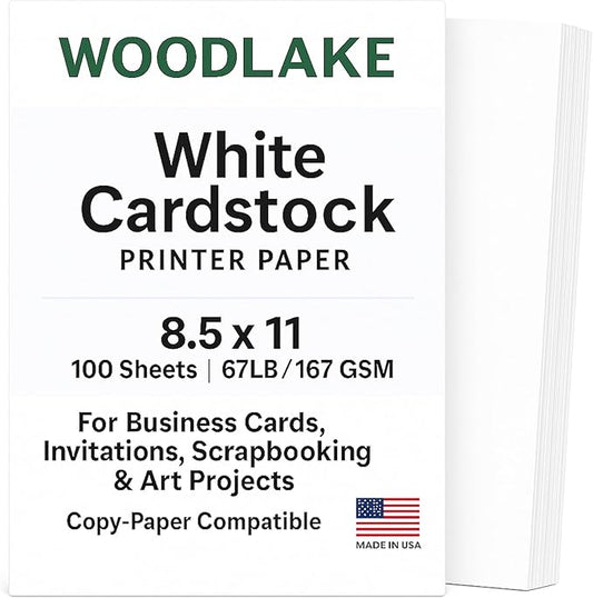 Woodlake White Cardstock Paper, 67lb/167gsm Index Card stock, Multi-Purpose paper, 8.5" x 11" Letter Size, 100 Sheets Computer Paper, Made in USA