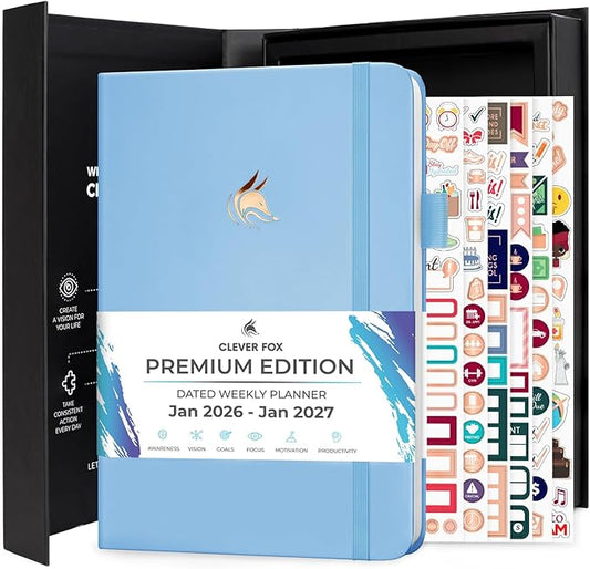 Clever Fox Dated Planner Premium 2026 – Weekly Agenda for Planning & Time Management –Notebook with Habit Tracker & To-do List (Light Blue)