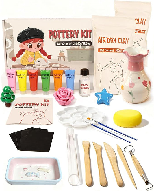 cycletour Pottery kit, 1 KG Air Dry Clay for Adults Includes 20 ML Glaze, 5 Clay Tools and Operation Guide. Adult Pottery Kit for Adults for Beginners DIY Handmade Gifts