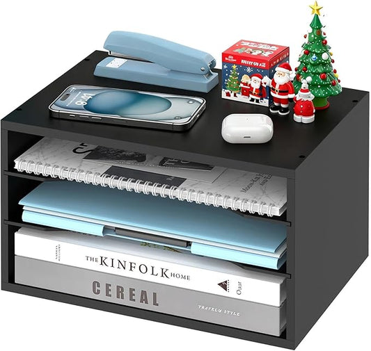 Wood Desk Organizer, 3 Tier Paper Tray Organizer for Desk with Adjustable Storage Shelves, Printer Stand Desktop File Organization Paper Sorter Mail Holder for Office Home Classroom, Black