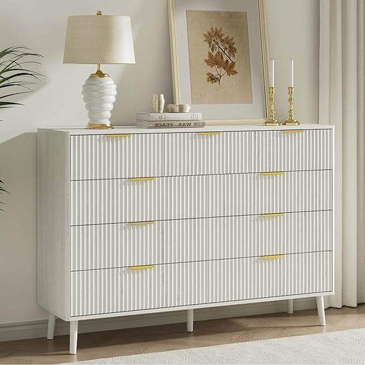 LYNSOM Fluted 9 Drawer Dresser for Bedroom, 55" Wide Modern Chest of Drawers with Curved Profile Design and Metal Handles, Wood Dresser TV Stand & Storage Organizer for Bedroom, Hallway, White