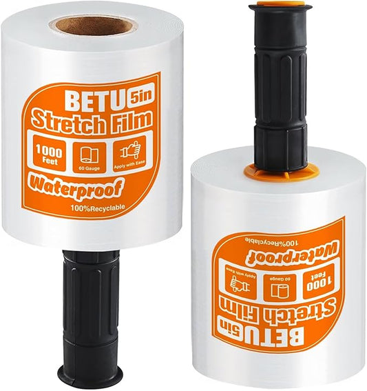 Stretch Film Shrink Wrap for Moving Supplies (5inch, 2 Pack) x 1000ft, Industrial Strength Plastic Wrap Stretch Roll for Pallet Wrapping Shipping Moving Boxes Storage Furniture with Handles, Clear