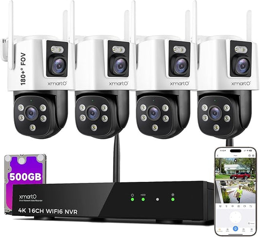 xmartO [Dual-Image Wide FOV 16CH Security Camera System Wireless, 4-Set 2-in-1 Cameras, 4K Long Range WiFi 6 Surveillance NVR, Pan Tilt Zoom 4MP QHD Home CCTV Camera Set with 500GB, 7/24 Record
