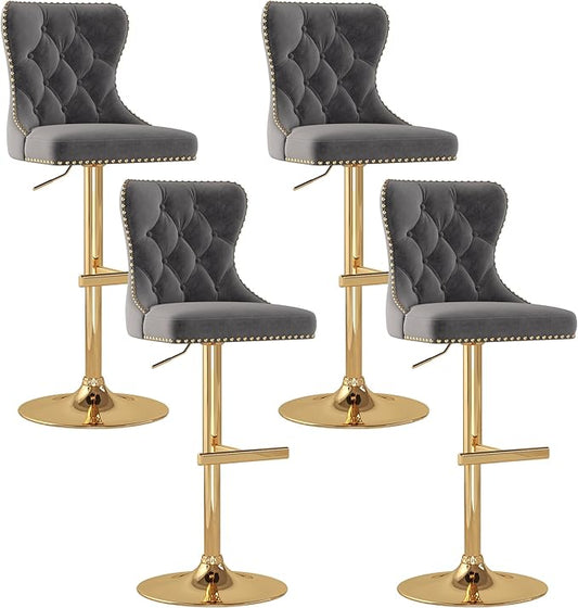 Bar Stools Set of 4, Velvet Swivel Counter Height Stools with Tufted Back, Adjustable Seat with Nailheads Trim, Upholstered Bar Chairs with Gold Base for Kitchen Island, Pub, Gray