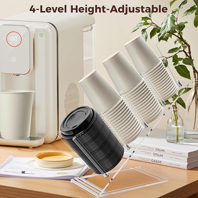Acrylic Cup and Lid Holder, Adjustable Coffee Cup Holder Organizer Disposable Cup Dispenser Stand Countertop for Coffee Bar Station Bakery Breakroom 4 Compartment
