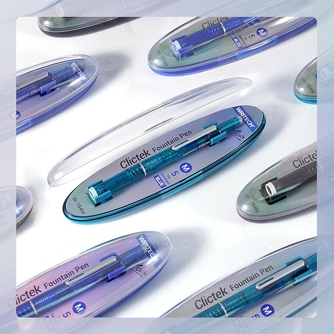 WRITECH Clictek Fountain Pen Set: Retractable Style Blue Ink Medium Nib Transparent Barrel, Includes 5 Ink Cartridges for Gift Set, Smooth Writing No Leaking