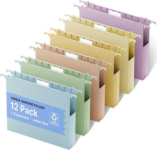 Wheat Straw Plastic Hanging File Folder Letter Size, 12 Pack Extra Capacity File Folders Hanging with Tabs, Heavy Duty 1" Pastel Expandable File Cabinet Folders for File Frame,File Organizer
