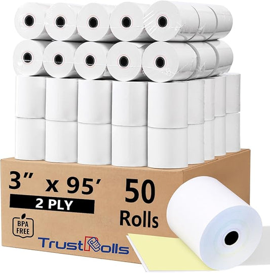 （50 Rolls）3”x95’ 2 Ply Kitchen Printer Paper for Star SP700, Carbonless Register Rolls White/Yellow Receipt Paper POS Cash Register