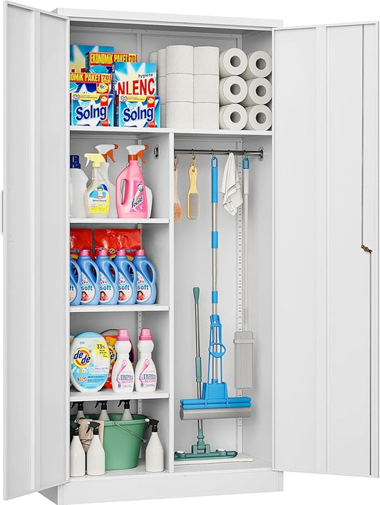 Wide & Deep Metal Storage Cabinet with Hanging Rod,White Broom Closet Storage Cabinet with Lock,72" Tall Wardrobe Cabinets with Doors and Shelves,Locking Steel Tool Cabinets for Home,Office,Garage